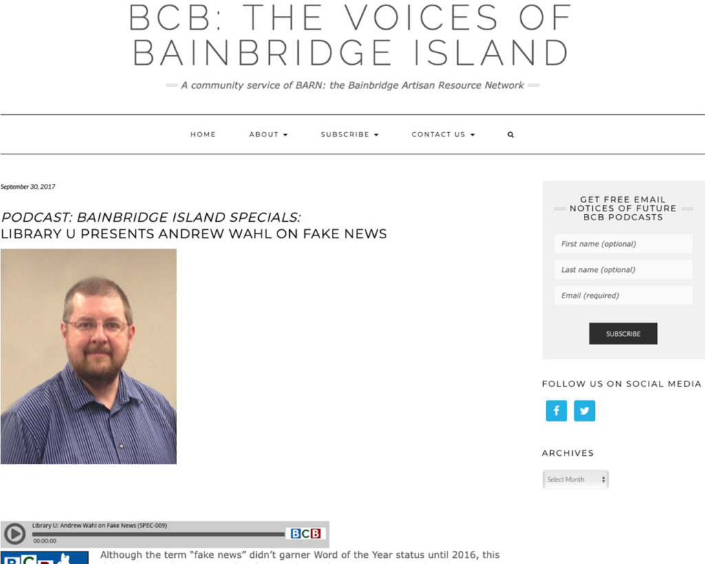 Screenshot of podcast by Bainbridge Community Broadcasting on 9-30-17