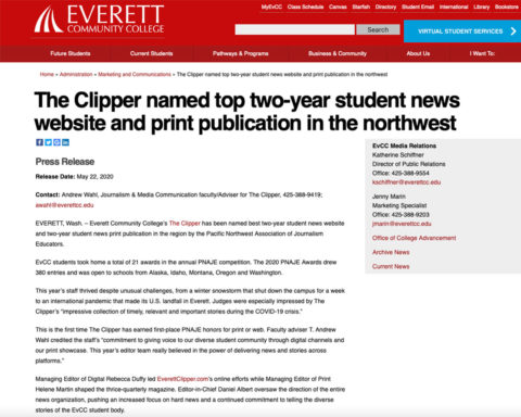 Screenshot of press release published by Everett Community College on 5-22-20