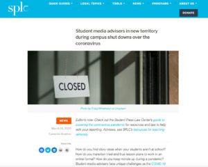 Screenshot of article published by the Student Press Law Center on 3-16-20