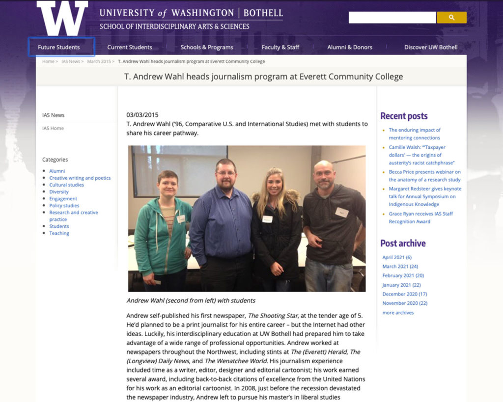 Screenshot of article published by UW Bothell on 3-3-15
